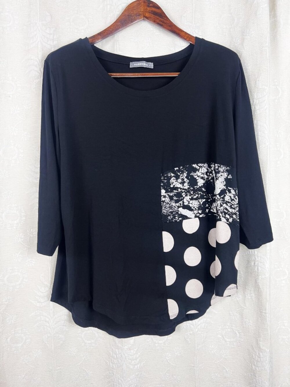 Alembika black art to wear stretch viscose jersey top polka dot & abstract print